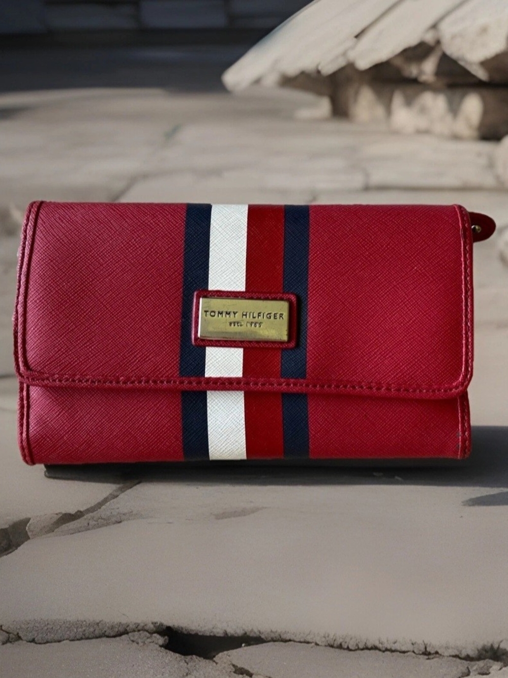 Tommy Hilfiger Checkbook Wallet Trifold Snap CC Slots Women Vinyl Red Blue White
